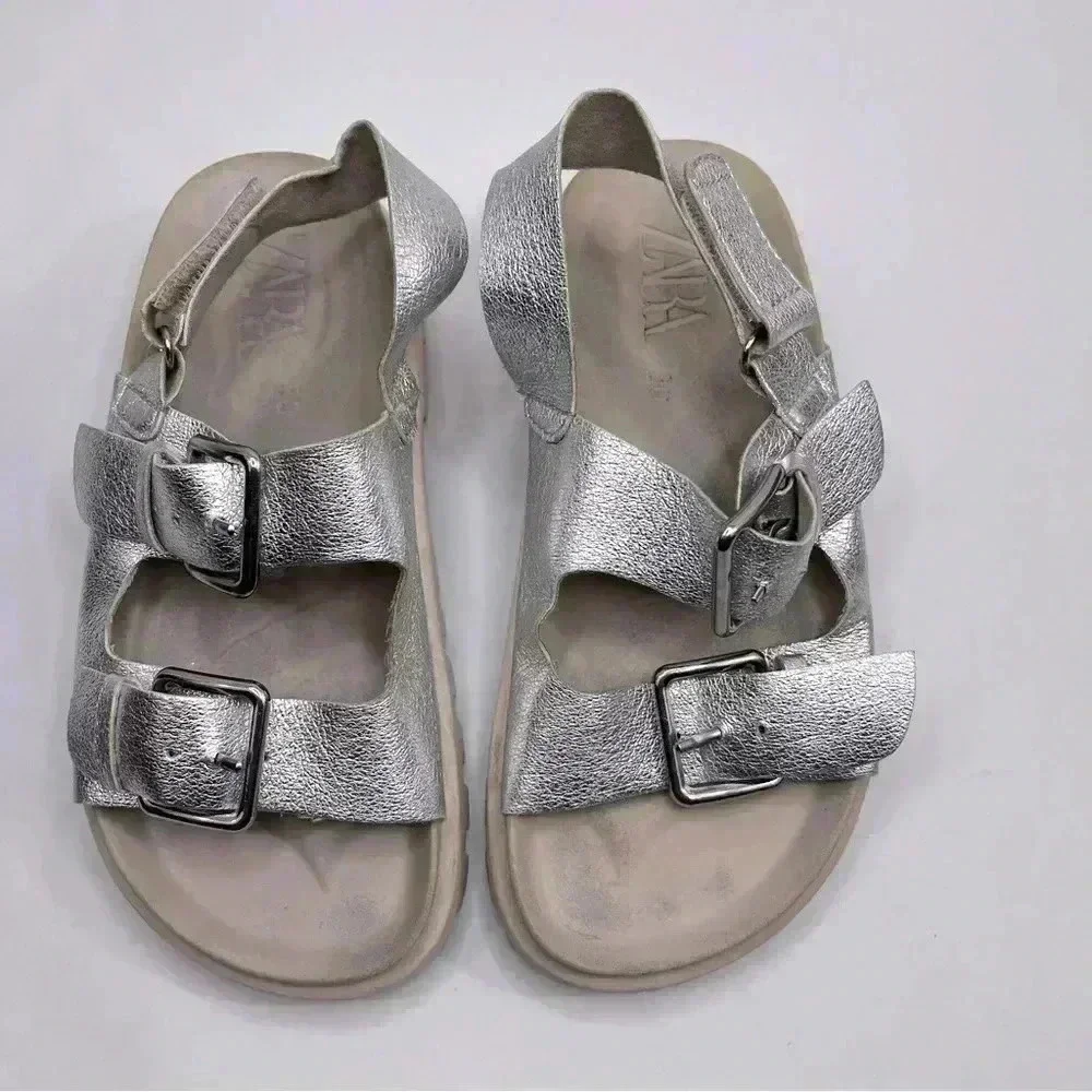 Zara metallic silver‎ sandals size 30 chunky adjustable straps